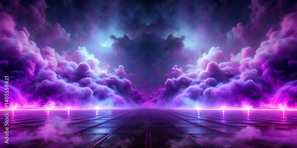 Fototapeta premium Ground purple fog background, 3d rendering. Smoke cloud scene neon light. Spooky dark magic haze. Panoramic view of the abstract fog.
