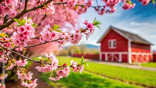 Auckland Spring Cherry Blossoms, Red Barn, New Zealand Photography - High-Resolution Image