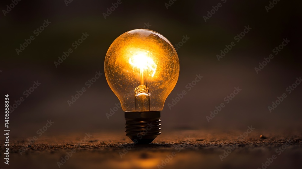 Illuminated light bulb glows on a surface against a dark blurred background. Illuminated light bulb glows on a surface against a dark blurred background.