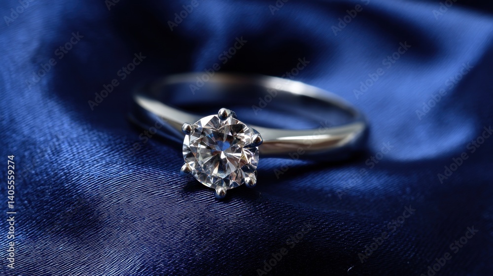Elegant engagement ring with solitaire diamond. White gold ring on navy blue satin fabric background. Symbol of love and commitment. Elegant engagement ring with solitaire diamond. White gold ring on navy blue satin fabric background. Symbol of love and commitment.