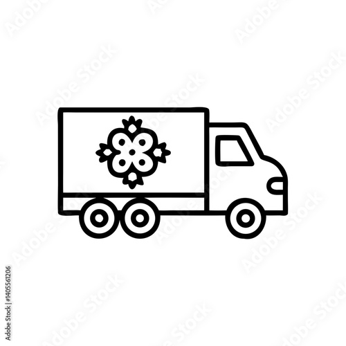 A cheerful delivery truck adorned with a floral emblem, symbolizing joyful blooms traveling to brighten someone's day, shown in a simple, bold line art style.