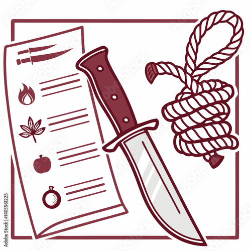 A chilling checklist of death: a knife, a noose, and a sinister list in a maroon-toned illustration.