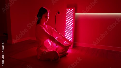 Young white woman sitting cross-legged on a mat, stretching her arms in front of a red light therapy panel while wearing headphones at home