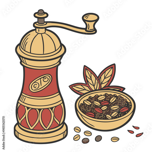 An antique spice grinder awaits, ready to release the fragrant heart of exotic blends; a bowl overflows with colorful, aromatic spices and herbs, promising culinary delight. Warm, earthy tones.