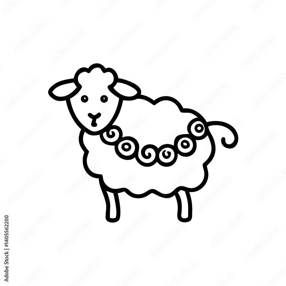 A charming sheep adorned with a whimsical spiral garland, a delightful illustration in bold black lines against a clean white background. A charming sheep adorned with a whimsical spiral garland, a delightful illustration in bold black lines against a clean white background.