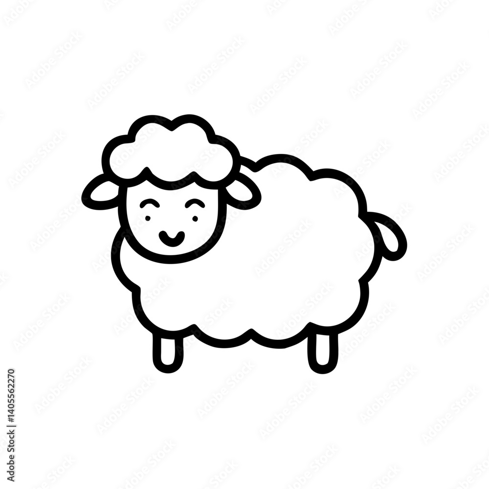 A cheerful, fluffy sheep with a happy smile, a simple line drawing, perfect for children's books or playful designs. A cheerful, fluffy sheep with a happy smile, a simple line drawing, perfect for children's books or playful designs.