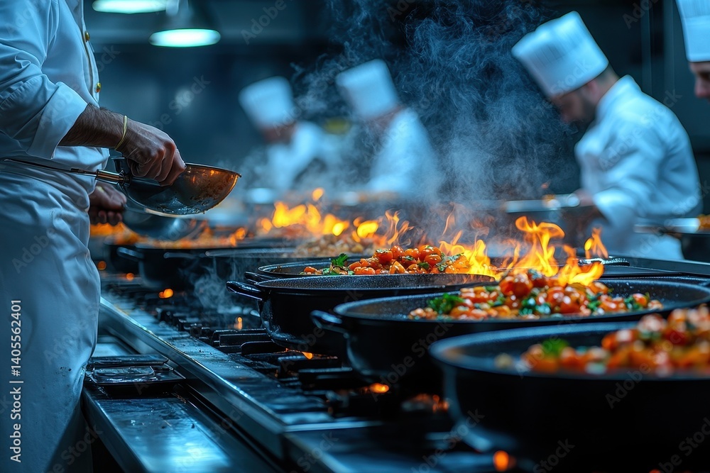 Culinary experts prepare high-end dishes in a bustling kitchen with flames and steam at night Culinary experts prepare high-end dishes in a bustling kitchen with flames and steam at night