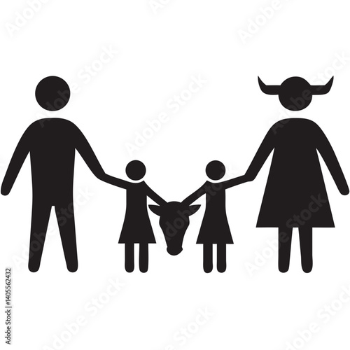 A family's unwavering bond, symbolized by a mother, father, two daughters, and their cherished cow, depicted in bold, simple black silhouettes against a stark white background.