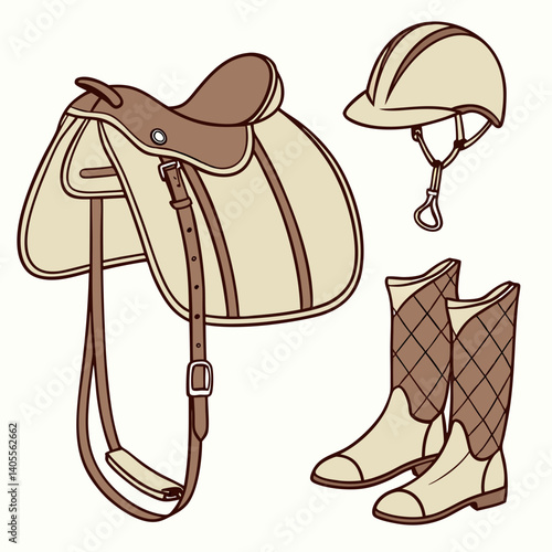 Equestrian Equipment – Saddle, Helmet, Boots, and Bridle – Vector Illustration