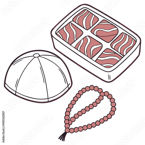 A thoughtful preparation for prayer, featuring a kippah, prayer beads, and a box of sweet treats, delicately outlined in soft rose hues.