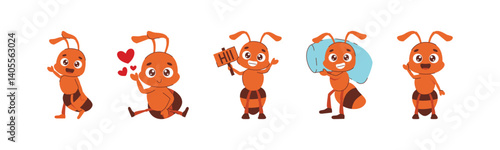Collection of Cheerful Cartoon Ants Expressing Emotions and Actions with Joy