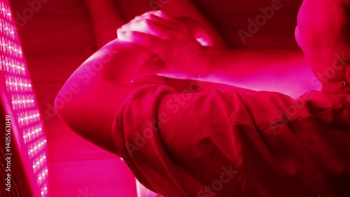 Slow motion of senior white woman applying red light therapy to her arm using a vertical LED panel while seated on the floor at home