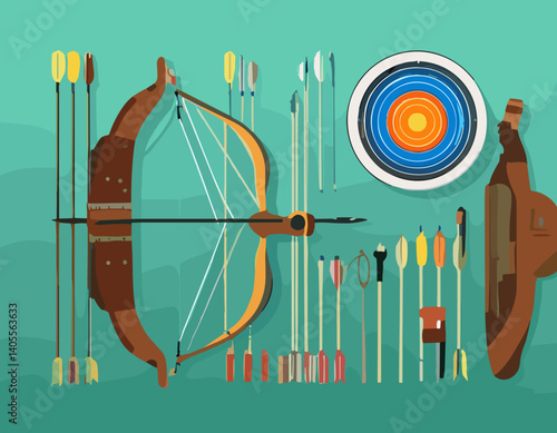 Archery Equipment Pack – Bow, Arrows, Target, and Quiver – Flat Vector Design
