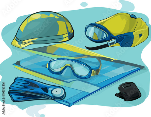 Swimming Accessories Set – Goggles, Cap, Towel, and Kickboard – Vector Style