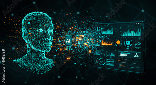 A digital human head connected to an ai chip and a dashboard with various data visualizations shown