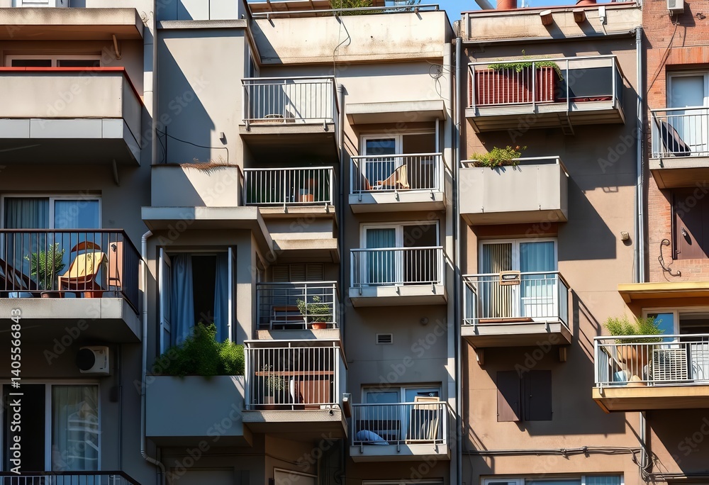 Fototapeta premium Concrete balconies, varied sizes, sunlit, shadows, pattern, shadow