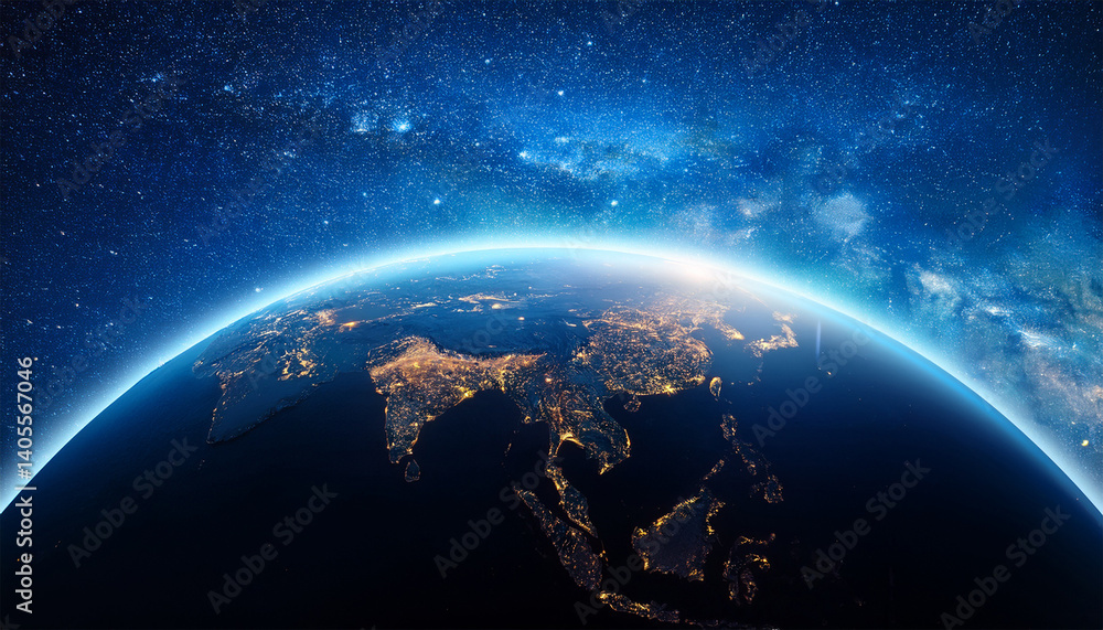 Fototapeta premium a darkened globe with illuminated continents glowing softly under a starry sky symbolizing earth hour awareness