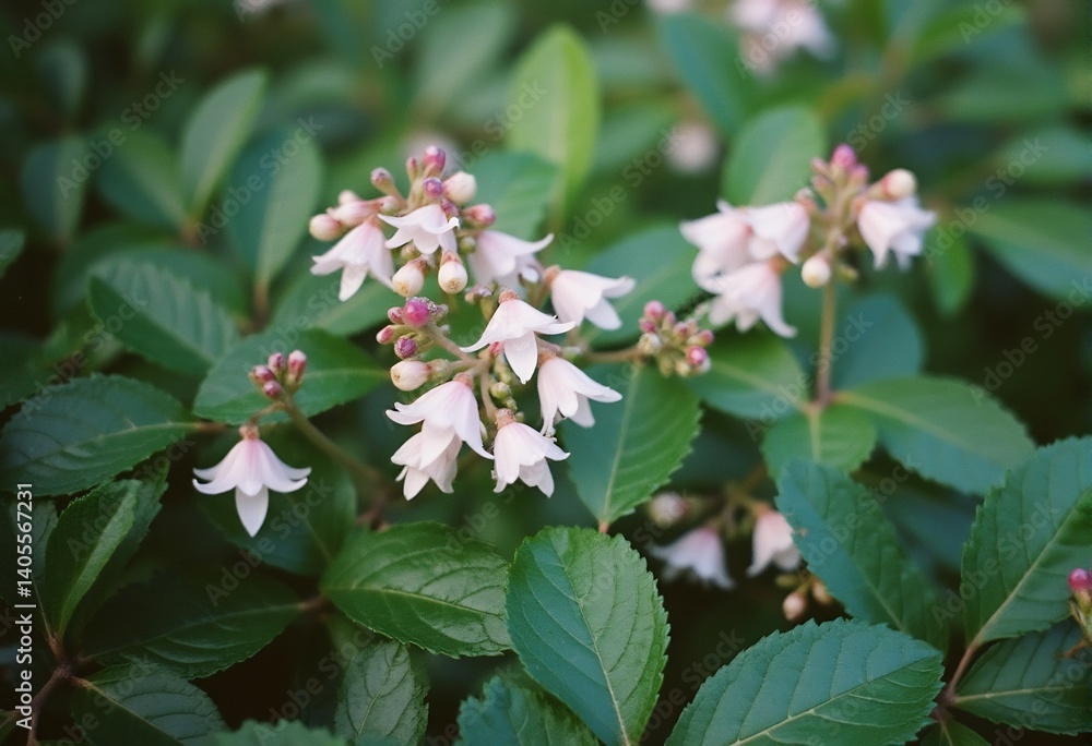Delicate White Flowers: Clusters of small, bell-shaped white flowers with pink buds bloom delicately amidst lush green foliage. Delicate White Flowers: Clusters of small, bell-shaped white flowers with pink buds bloom delicately amidst lush green foliage.