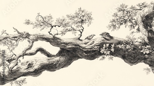 Ancient Oak Branch with Birds
