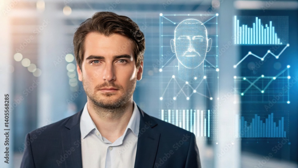 A professional man stands in an office setting, with digital data visuals and graphs displayed behind him, suggesting a focus on technology and analytics. A professional man stands in an office setting, with digital data visuals and graphs displayed behind him, suggesting a focus on technology and analytics.
