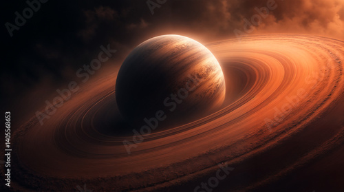 A large orange planet with a ring around it