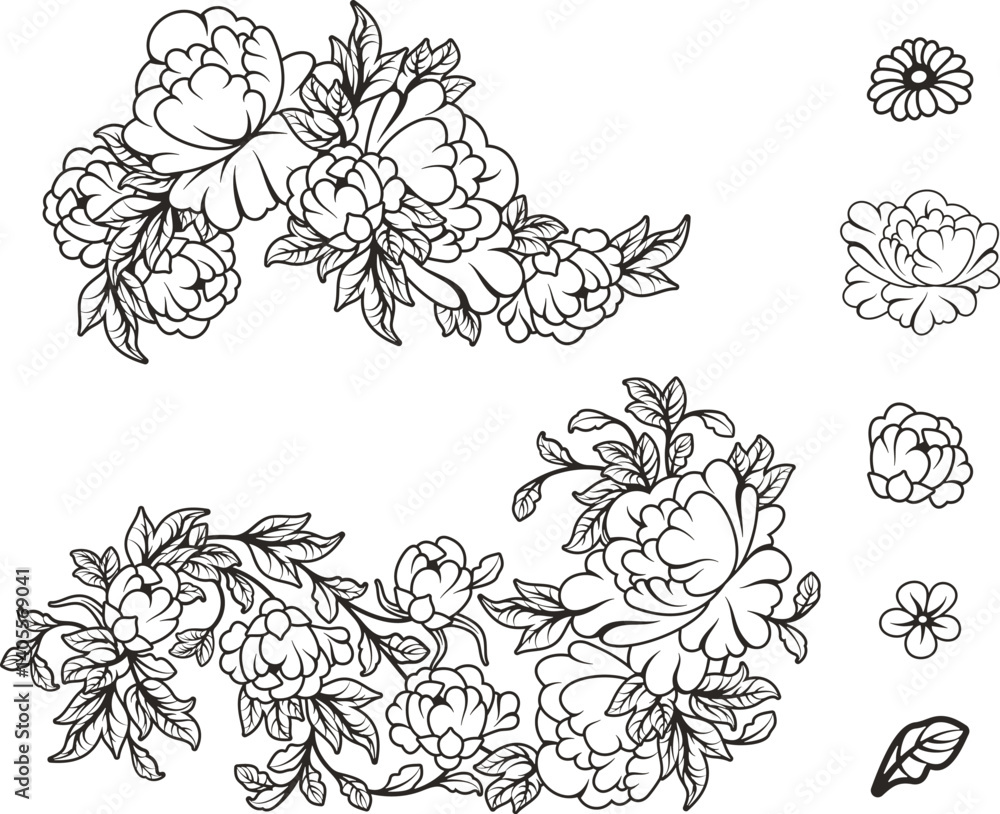 Fototapeta premium Vector Chinese floral ornamental doodle sets for spring, summer and wedding decorative designs. Flowers, roses, daisies, garlands, wreaths, leaves, design elements. Romantic, bridal theme, Asian style