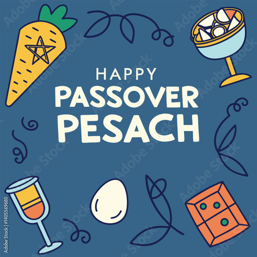 Festive Passover Pesach Greeting Card with Symbols and Decorations
