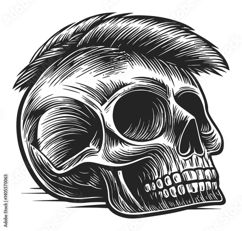 Detailed Skull Engraving Art with Unique Hairstyle Design