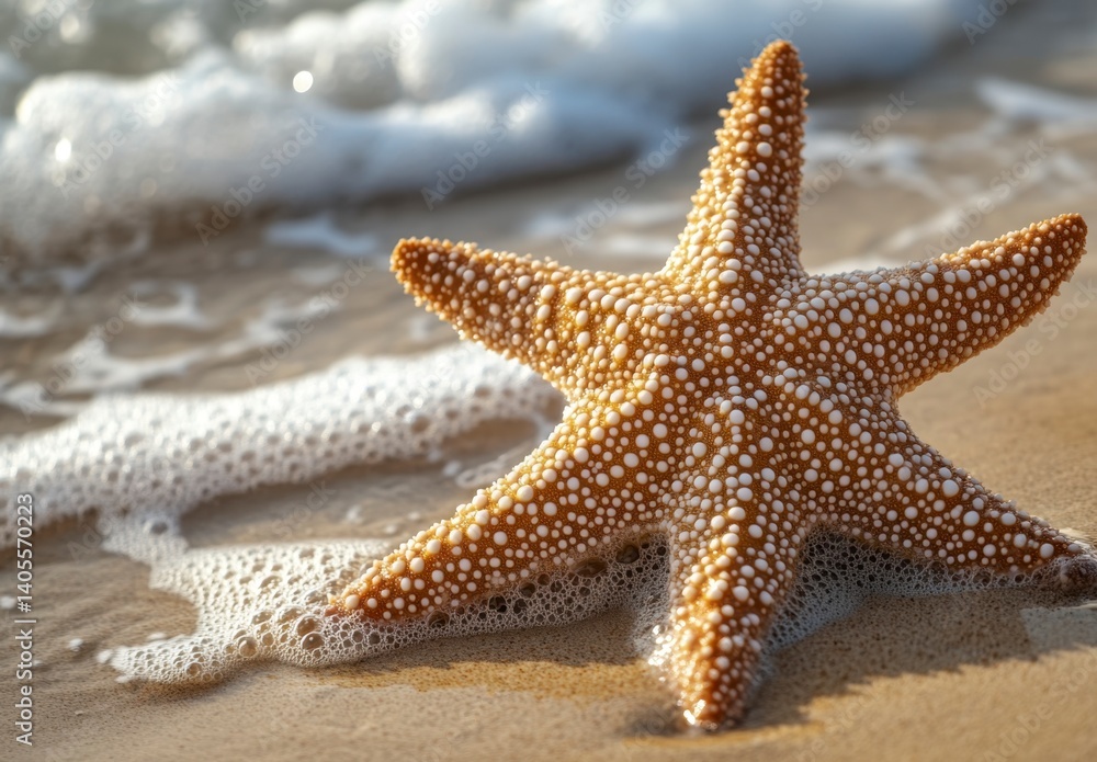 Starfish on Sandy Beach with Gentle Waves in the Background Starfish on Sandy Beach with Gentle Waves in the Background