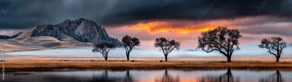 Fototapeta premium Tranquil Majestic Landscape with Dramatic Sky and Reflective Water at Dusk
