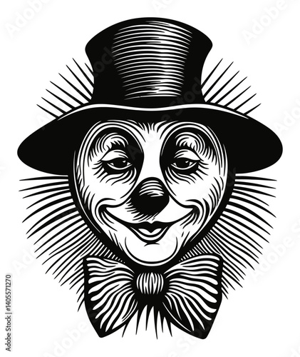 Vintage Engraving of a Smiling Clown with a Hat and Bow Tie