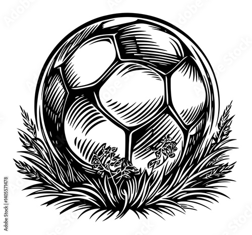 Vintage Engraving of a Soccer Ball Surrounded by Grass and Flowers