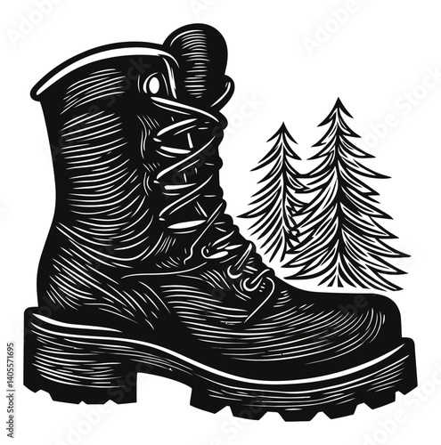 Detailed Engraving of a Hiking Boot with Pine Trees Illustration