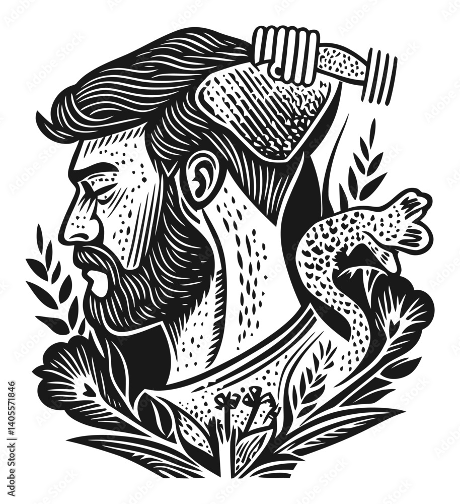 Detailed Engraving of a Man with Beard and Hammer in Artistic Style Detailed Engraving of a Man with Beard and Hammer in Artistic Style