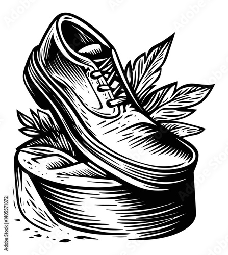Engraving of Shoe on Wooden Log with Leaves in Black and White
