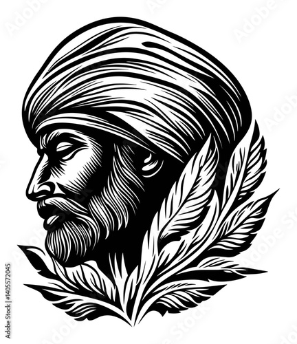 Intricate Black and White Engraving of a Man Wearing a Turban