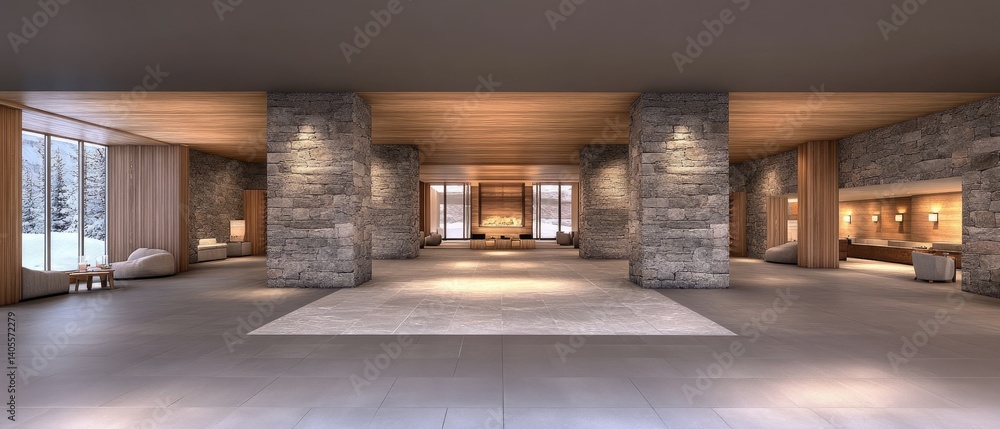 Modern, spacious hotel lobby with stone accents Modern, spacious hotel lobby with stone accents