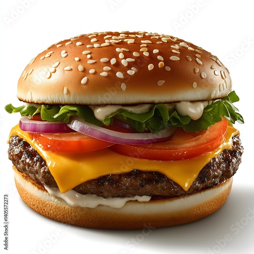 Delicious cheeseburger topped with fresh vegetables and creamy sauce isolated on white background