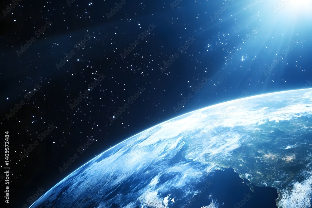 Fototapeta premium Earth view from space showing atmosphere and stars with a bright light.