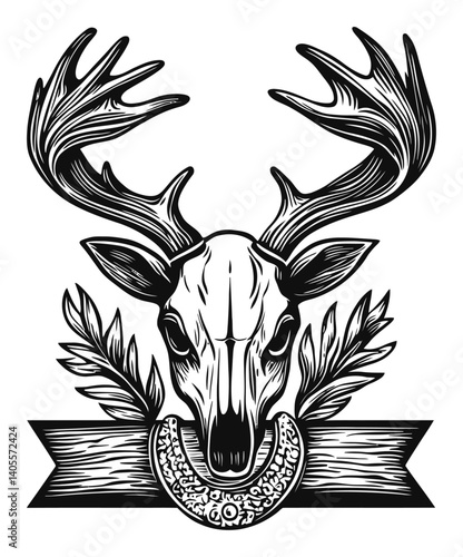 Intricate Engraving of a Stag Skull with Antlers and Decorative Elements