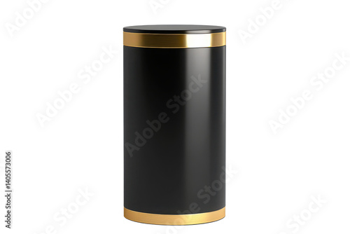 Tall black cylindrical pedestal with a gold accent The sleek and minimal design offers a modern luxurious aesthetic perfect for contemporary interiors Isolated on transparent background.