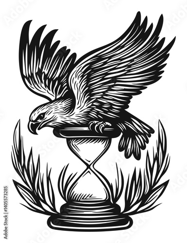 Majestic Eagle Engraving with Hourglass and Decorative Elements