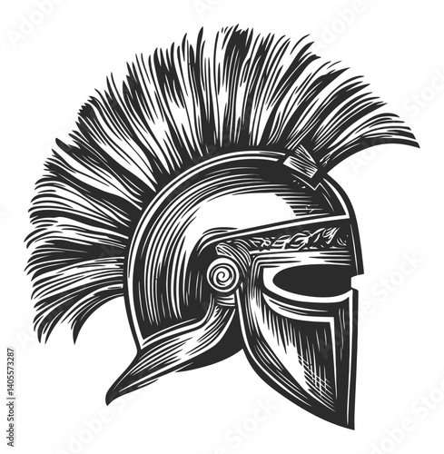 Detailed Engraving of a Classic Spartan Helmet with Plume Design