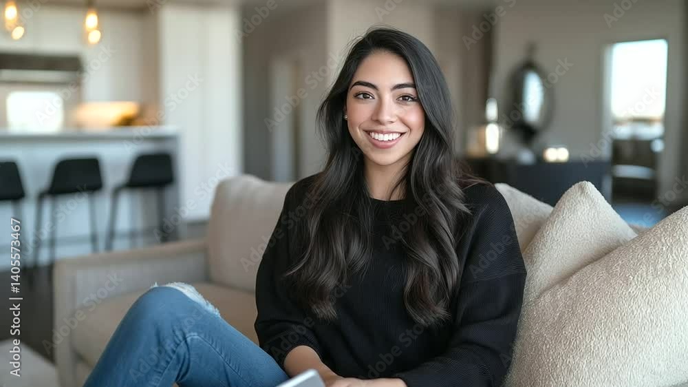 A young Hispanic woman in her twenties casually relaxes on a modern couch, smiling as she navigates through her favorite online shopping apps. The living room is filled with soft, A young Hispanic woman in her twenties casually relaxes on a modern couch, smiling as she navigates through her favorite online shopping apps. The living room is filled with soft,