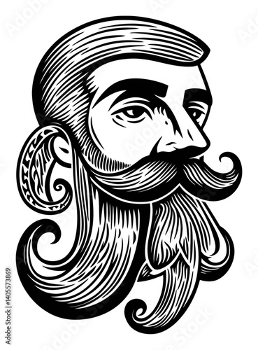 Detailed Engraving of a Stylish Mustache and Beard Portrait