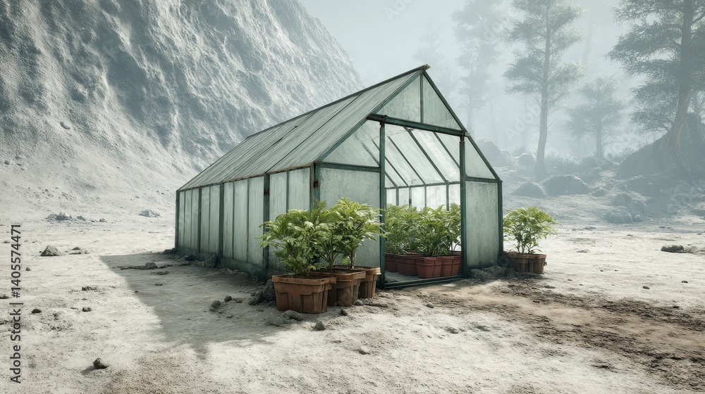 Thriving greenhouse with lush plants growing in desolate post-apocalyptic terrain