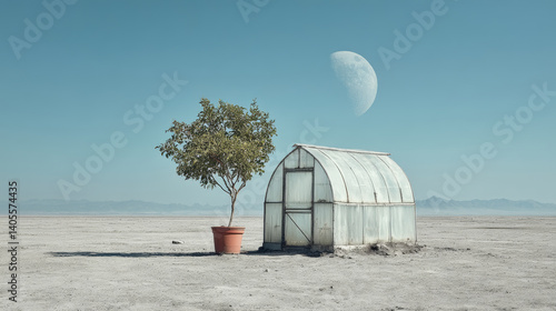 Obraz na płótnie Solitary greenhouse and potted tree in barren desert under surreal moonlit sky w salonie