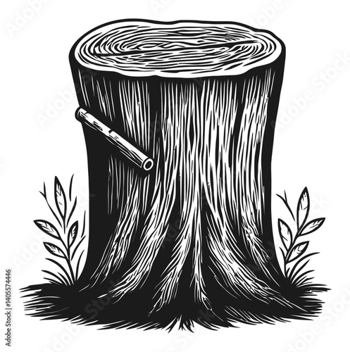 Detailed Engraving of a Wooden Tree Stump with Leaves and Grass