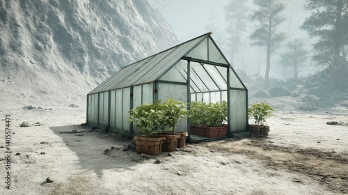 Obraz na płótnie Thriving greenhouse with lush plants growing in desolate post-apocalyptic terrain w salonie