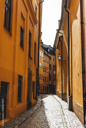 Photography narrow street in stockholm with people walking by in spring sunny